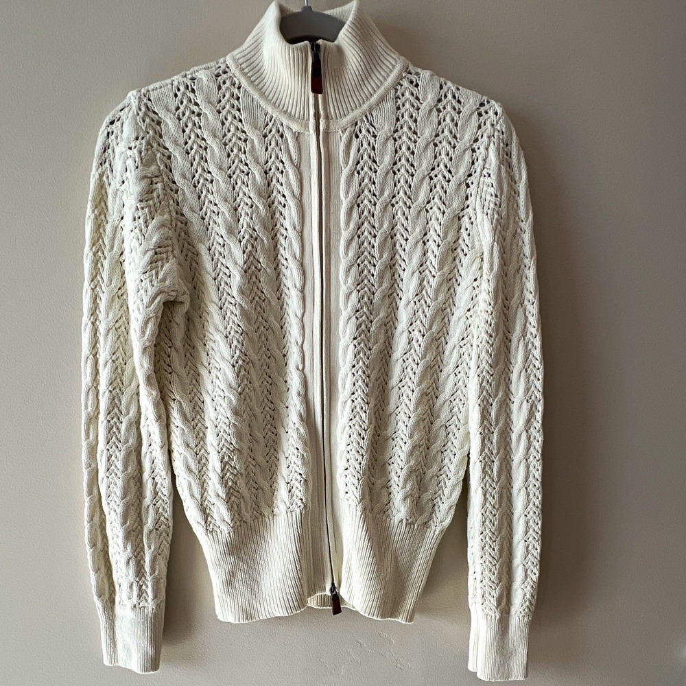 Liz Claiborne Ivory Cable Knit Full Zip Mock Neck Cardigan Sweater M softgirl